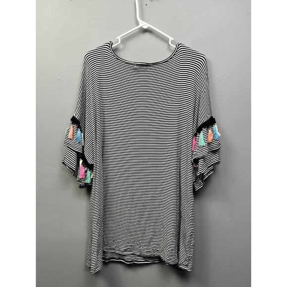 Isela Blouse Womens 1X Stripe Bell Sleeve Rainbow Colors Tassels Scoop Neck - Picture 2 of 5